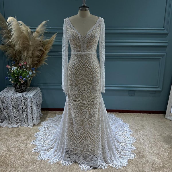 More Dresses @RomantiqueBoho.com Stretch Lace Long Flare Sleeves Bohemian Wedding Dress Open Back Mermaid Bridal Gowns