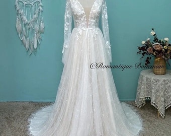 More Dresses @RomantiqueBoho.com Sexy Illusion Lace Wedding Dress Boho Long Sleeve Deep V Open Back Chic Appliques Beach