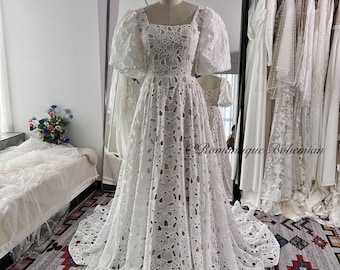 More Dresses @RomantiqueBoho.com Square Neck Cut -out Lace New Fashion Wedding Dresses A Line Bridal Gowns With Bubble Sleeves