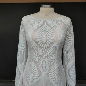 Visit www.ROMANTIQUEBOHO.com Fringe Chantilly Lace Wedding Dress Long Tassels Sleeves High Split Slip Boho Destination Bridal Gowns image 5