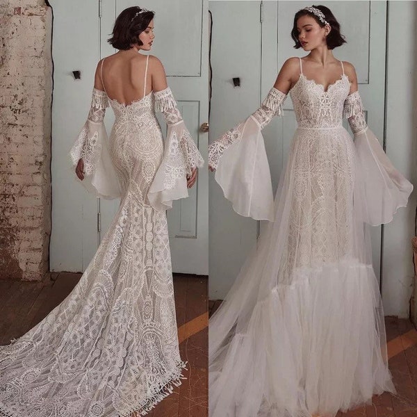 More Dresses @RomantiqueBoho.com Lace Wedding Dress Mermaid Tassel Flared Sleeves Beach Boho Bridal Gowns Vintage Spaghetti Straps Beach