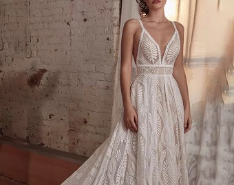 More Dresses @RomantiqueBoho.com Spaghetti Straps Lace Wedding Dress Bolero Backless V Neck Destination A Line Romantic Bridal Gown