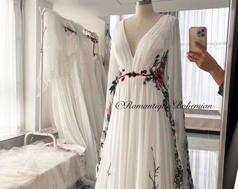 More Dresses @RomantiqueBoho.com Embroidery Lace Floral Wedding Dresses Texture Pleated Crepe Chiffon Forest Woodland Boho Bridal Gowns