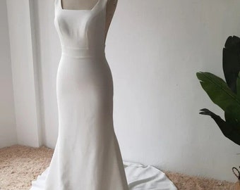 More Dresses @RomantiqueBoho.com Simple nv Plain Crepe Mermaid Wedding Dress Sexy Square Collar Backless Chic Boho Bridal Gowns