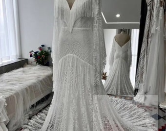 More Dresses @RomantiqueBoho.com Long Boho Sleeves Lace Tassels Bohemian Wedding Dresses Photography Bridal Gowns