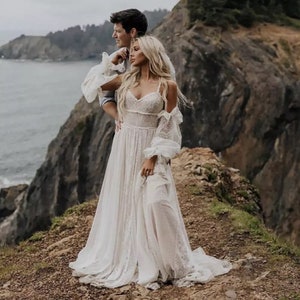 Available @www.ROMANTIQUEBOHO.com Boho Elopement Wedding Dress Corset Polka Dotted Lace Chiffon Long Detachable Sleeve Beach Bridal Gown