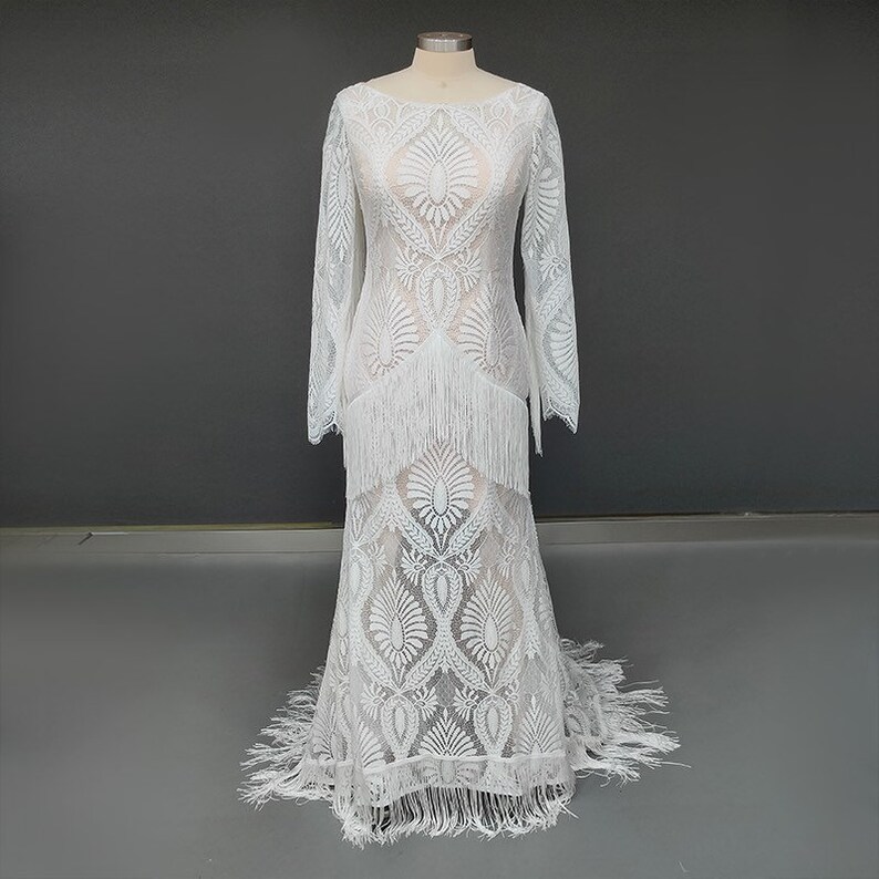 Visit www.ROMANTIQUEBOHO.com Fringe Chantilly Lace Wedding Dress Long Tassels Sleeves High Split Slip Boho Destination Bridal Gowns image 3