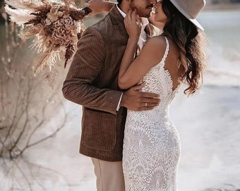 More Dresses @RomantiqueBoho.com Elegant Lace Boho Wedding Dress Bohemian Sleeveless Mermaid Bridal Gowns