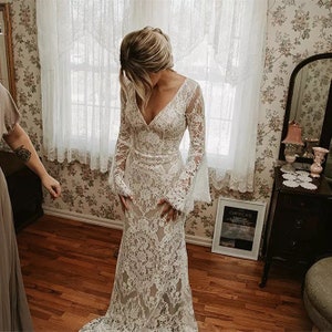 More Dresses @RomantiqueBoho.com Exclusive French Lace Long BOHO Bell Sleeves Boho Wedding Dress Open Back Bridal Bohemian Gowns