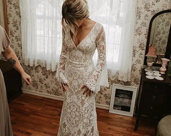 More Dresses @RomantiqueBoho.com Exclusive French Lace Long BOHO Bell Sleeves Boho Wedding Dress Open Back Bridal Bohemian Gowns