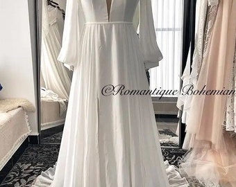 More Dresses @RomantiqueBoho.com nv Plunging Neck Open Back Minimalism Wedding Dresses Side Slit Chiffon A Line Simple  Bridal Gowns Bishop