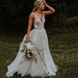 More Dresses @RomantiqueBoho.com Amazing Lace Floral Appliques Gray Wedding Dress V Neck Silver chic Bridal Gowns Open Back