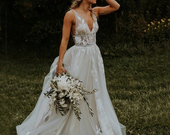 More Dresses @RomantiqueBoho.com Amazing Lace Floral Appliques Gray Wedding Dress V Neck Silver chic Bridal Gowns Open Back