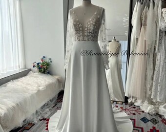 More Dresses @RomantiqueBoho.com Elegant A Line  Bridal Gowns 3D Lace Appliques Plunging Neck Open Back Wedding Dresses With Bishop Sleeves