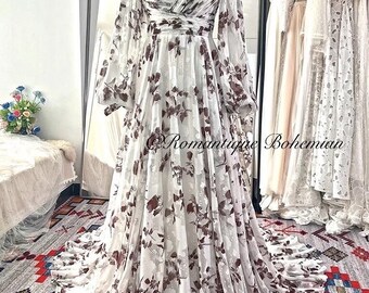 More Dresses @RomantiqueBoho.com Floral Chiffon Leaves Pattern Off Shoulder Sleeves Photography Wedding Autumn Side Slit Bridal Gowns