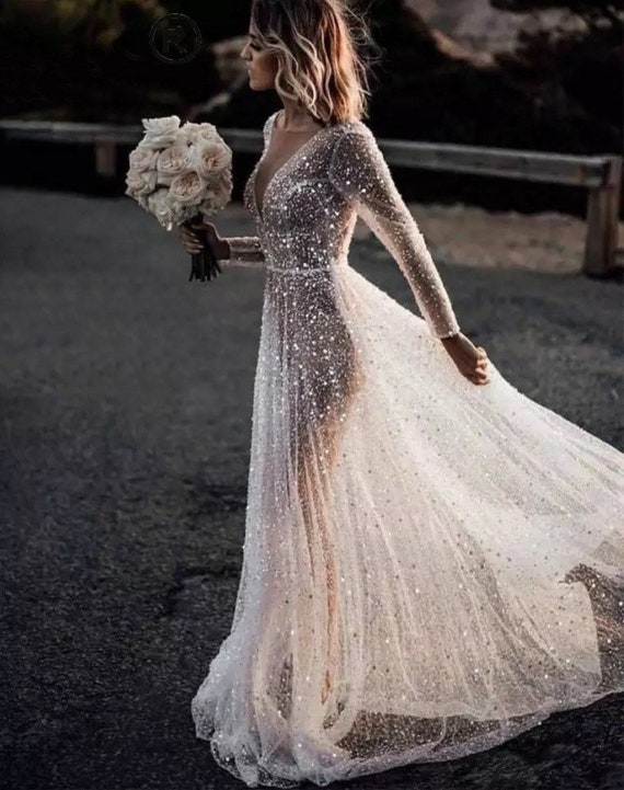 Buy Fairy Glitter Ball Gown Sparkly Wedding Dress Crystal Beaded Wedding  Dress Princess Shinny Wedding Gown, Short Sleeve Bridal Gown Online in India  - Etsy