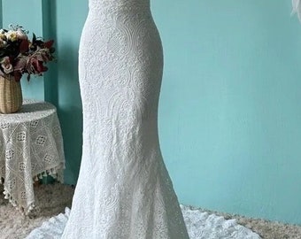 More Dresses @RomantiqueBoho.com Vintage Crochet Lace Mermaid Wedding Dress Boho V Neck Open Back Cap Sleeve Vestido De Noiva