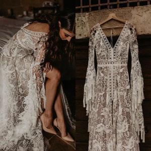 More Dresses @RomantiqueBoho.com Two Separate pieces Lining and Lace Tassel  Wedding Dress Flared Boho V Neck Backless Front Split Bridal