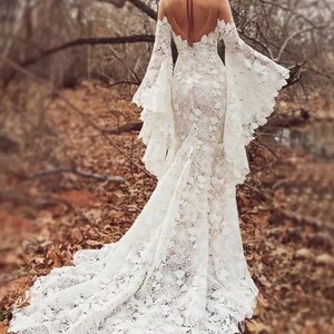 More Dresses @RomantiqueBoho.com Long Boho Sleeves Wedding Dress Bold Lace Bohemian Bridal Gowns