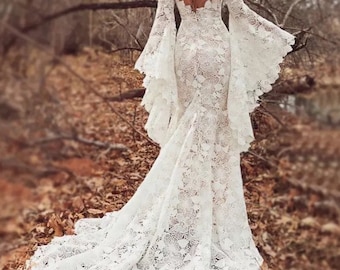 More Dresses @RomantiqueBoho.com Long Boho Sleeves Wedding Dress Bold Lace Bohemian Bridal Gowns
