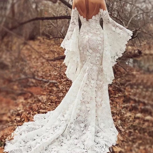 More Dresses @RomantiqueBoho.com Long Boho Sleeves Wedding Dress Bold Lace Bohemian Bridal Gowns