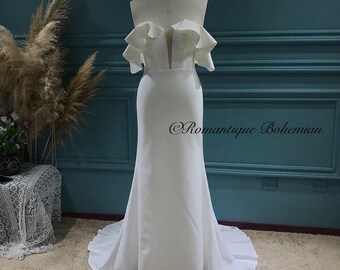 More Dresses @RomantiqueBoho.com Off nv the Shoulder Ruffles Lace Crepe Mermaid Wedding Dresses Plunging  Neck Bridal Gowns