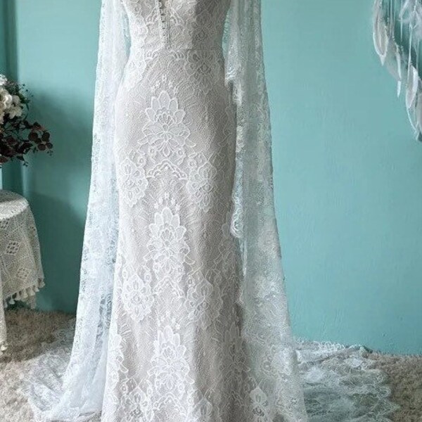 More Dresses @RomantiqueBoho.com Vintage Boho Wedding Dress Mermaid Lace Vestido De Noiva V Neck Bat Sleeve Open Back Sexy Bridal Gowns