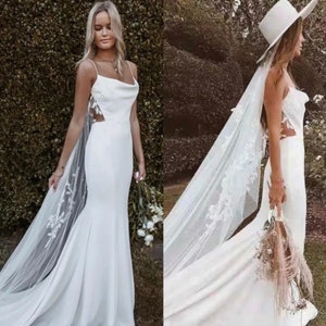 More Dresses @RomantiqueBoho.com Sexy Spaghetti Straps Mermaid Wedding Dress  Elegant Crepe Open Back 3D leaf Lace Boho Bridal Gowns