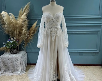 More Dresses @RomantiqueBoho.com Off Shoulder Sleeves Exclusive Lace Embroidery Tulle A Line Wedding Dresses Bridal Gowns With Slit
