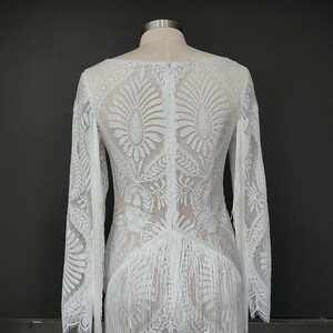 Visit www.ROMANTIQUEBOHO.com Fringe Chantilly Lace Wedding Dress Long Tassels Sleeves High Split Slip Boho Destination Bridal Gowns image 8