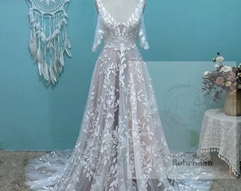 More Dresses @www.ROMANTIQUEBOHO.com Chic Leaf Lace Beach Boho Wedding Dress Sexy Open Back Detachable Sleeve A  Line Bridal Gowns