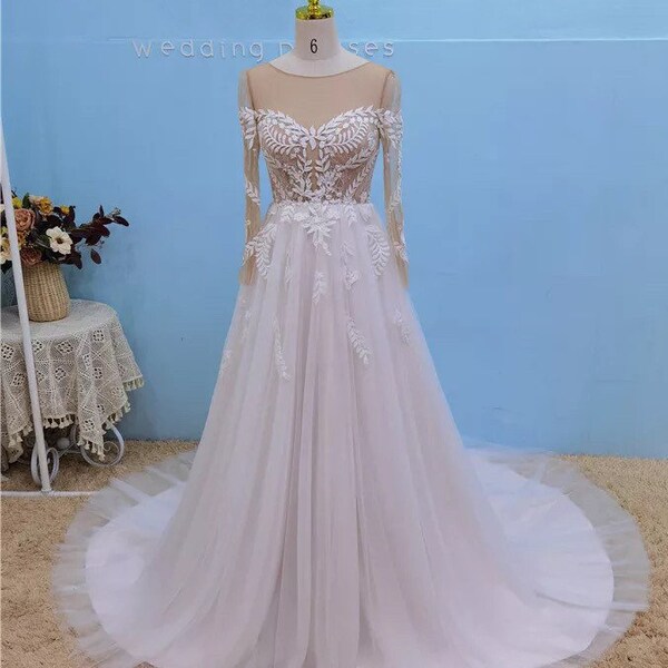 More Dresses @RomantiqueBoho.com Vintage Lace Wedding Dress Long Sleeve O-Neck Boho Pink A-Line Bridal Gowns