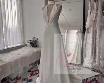 More Dresses @RomantiqueBoho.com  Sexy Classic Halter Wedding Dresses Deep V Neck Backless A Line Bridal Gowns With Detachable Wings