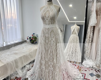 More Dresses @RomantiqueBoho.com Boho Trends Halter Lace Wedding Dresses With Tassels  A Line Bohemian Bridal Gowns