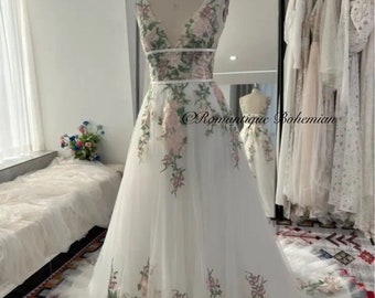 More Dresses @RomantiqueBoho.com Colorful Embroidery Lace Flowy Wedding Dresses Sleeveless A Line Open Back Bridal Gowns