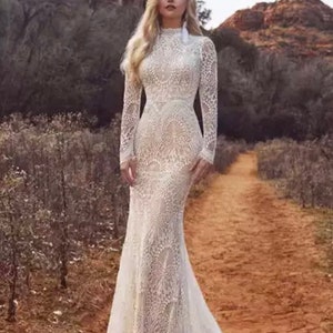 More Dresses @RomantiqueBoho.com Modest Wedding Dress High Neck Long Sleeves Bridal Dresses Mermaid Gowns