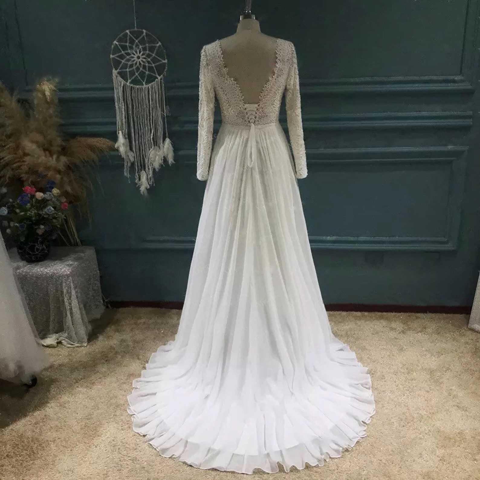 Lace Long Sleeves Plunging V Neck Corset Back Wedding Dress - Etsy