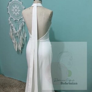 Best Deals RomantiqueBoho.com Sexy Halter Crepe Mermaid Wedding Dress High Fission Open Back Sleeveless Modern Women Bridal Gowns image 5