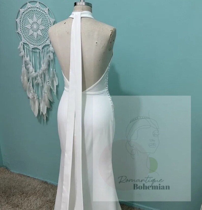 Best Deals RomantiqueBoho.com Sexy Halter Crepe Mermaid Wedding Dress High Fission Open Back Sleeveless Modern Women Bridal Gowns image 5