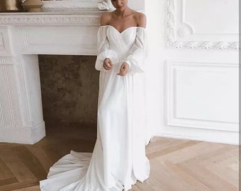a line wedding dresses with off the shoulder sleeves