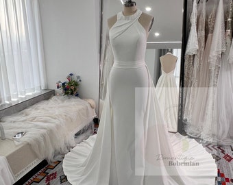 More Dresses @RomantiqueBoho.com Simple Elegant Stretch Crepe Halter Wedding Dresses Grayson Backless Bridal Gowns With Removable Overskirt