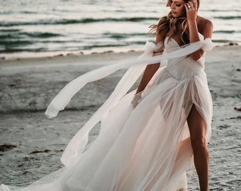 More Dresses @RomantiqueBoho.com Sexy Illusory Tulle No Lining Beach Wedding Dress Sweetheart Short Sleeve Flowy Court Train Bridal Gowns