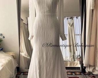 More Dresses @RomantiqueBoho.com Stretch Texture Pleated Square Neck Wedding Dresses Sheer Bishop sleeves Elegance Bridal Gowns