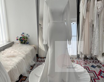 More Dresses @RomantiqueBoho.com Minimalist Stretch Wedding Dresses Long Pleated Tulle Sleeves Backless Mermaid Bridal Gowns