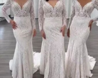 More Dresses @RomantiqueBoho.com Lace Long Sleeve Mermaid Wedding Dress Boho Sexy Open Back V Neck Illusion Chic Bridal Gowns