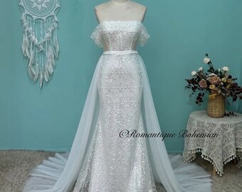 More Dresses @RomantiqueBoho.com Luxury Beading Sequined Mermaid Wedding Dress  Sexy Cap Sleeve Detachable Train Tulle Bridal Gowns