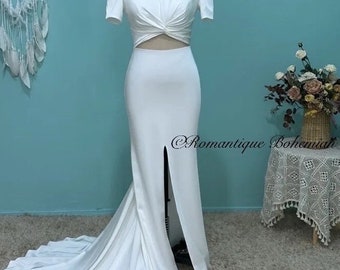 More Dresses @RomantiqueBoho.com Modern Plain Mermaid Wedding Dress Elegant Short Sleeve Backless Simple Bridal Gowns