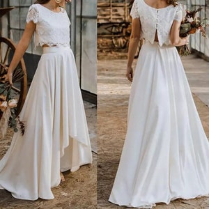 Available @www.ROMANTIQUEBOHO.com Two Piece Lace Wedding Dress Crop Top Bohemian Buttons Cap Sleeves High Low Beach Chiffon Boho Bridal Gown