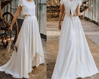 Available @www.ROMANTIQUEBOHO.com Two Piece Lace Wedding Dress Crop Top Bohemian Buttons Cap Sleeves High Low Beach Chiffon Boho Bridal Gown