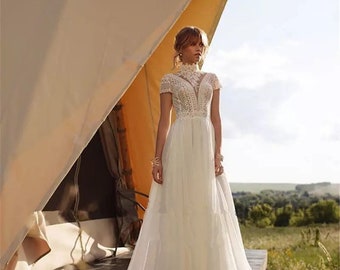 Available @www.ROMANTIQUEBOHO.com Vintage Boho Wedding Dress Lace Tulle High Neck Cap Sleeves A Line Bohemian Bridal Gowns Elegant Dress